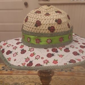 Green and Cream Ladybug Sun Hat with Wide Brim